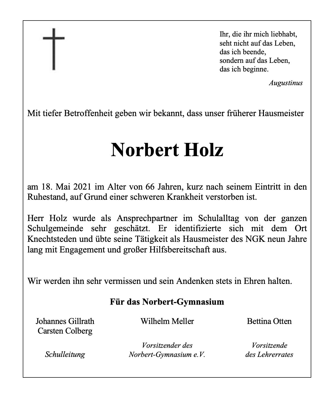 Todesanzeige Norbert Holz